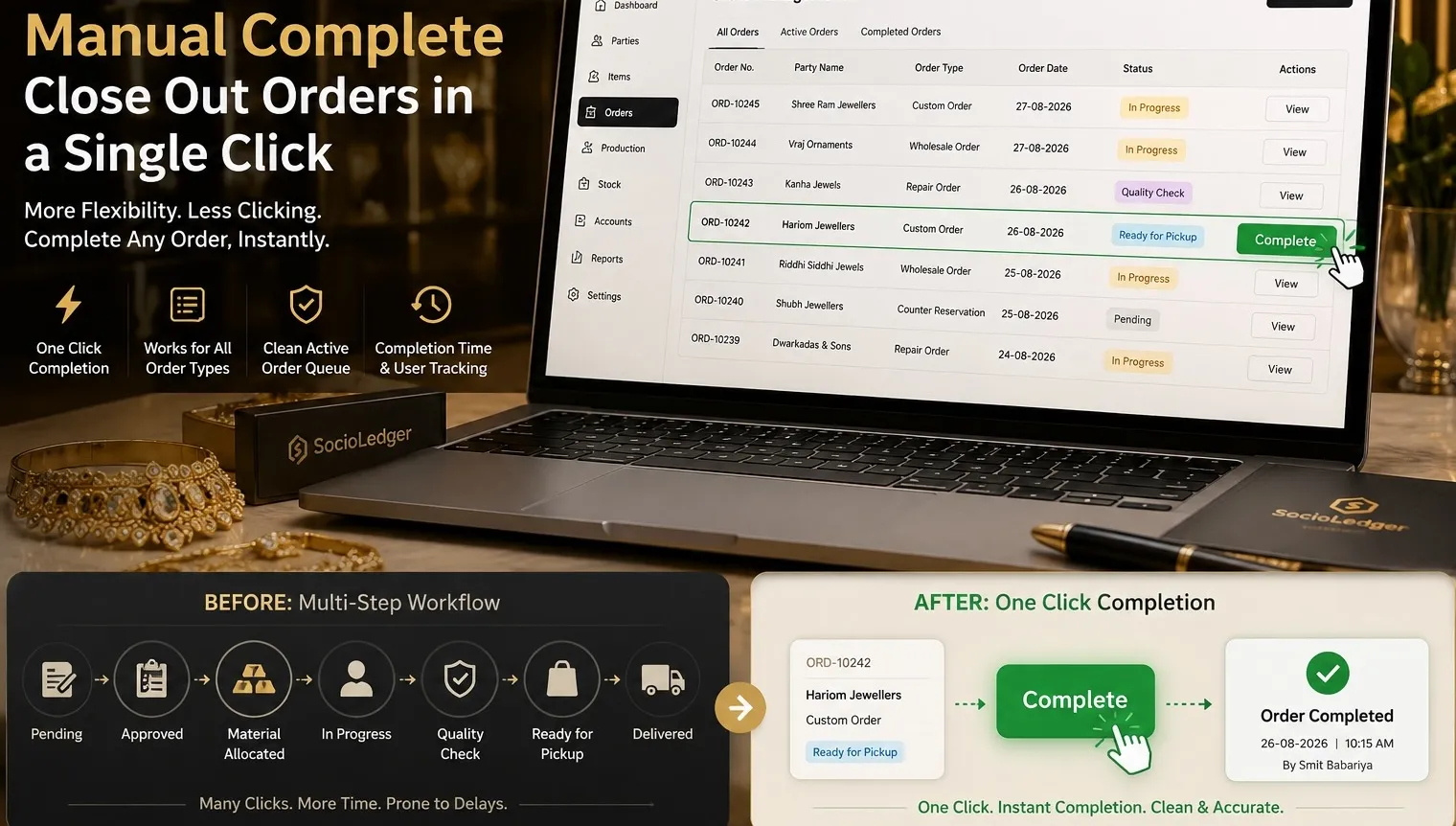 SocioLedger manual complete order button